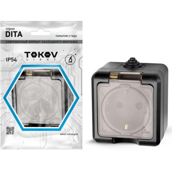 Розетка 1-м ОП 16А IP54 250В с/з с крышкой карбон Dita TOKOV ELECTRIK