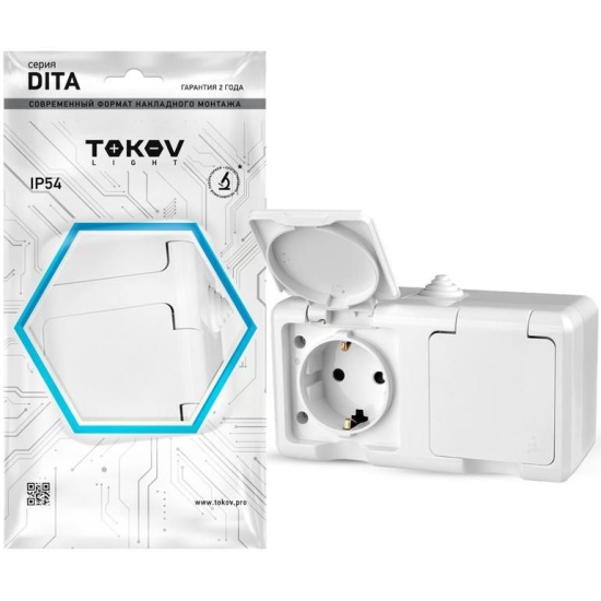 Розетка 2-м ОП 16А IP54 250В с/з с крышкой прозрачной белый Dita TOKOV ELECTRIK