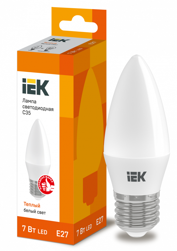 Лампа светодиодная 7Вт Е27 свеча LED IEK теплый